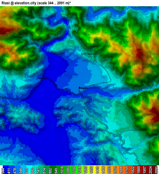 Zoom OUT 2x Riāsi, India elevation map