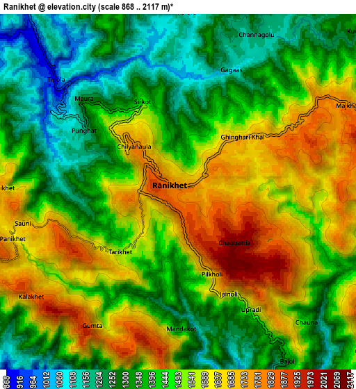 Zoom OUT 2x Rānikhet, India elevation map