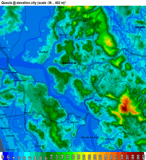 Zoom OUT 2x Queula, India elevation map