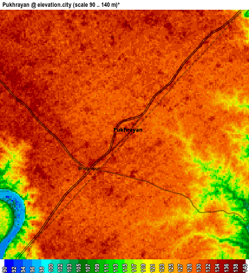Zoom OUT 2x Pukhrāyān, India elevation map