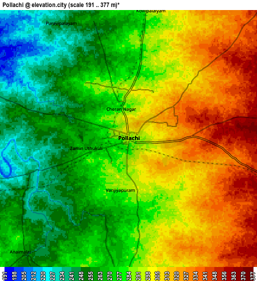 Zoom OUT 2x Pollachi, India elevation map