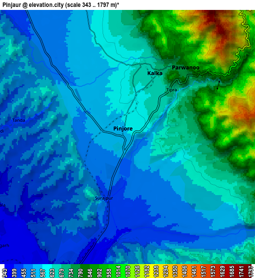 Zoom OUT 2x Pinjaur, India elevation map