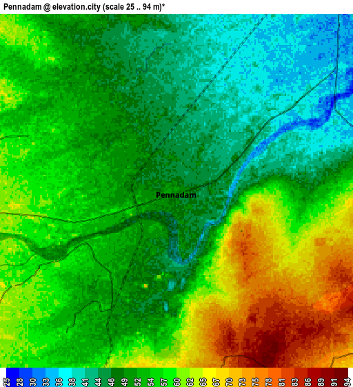 Zoom OUT 2x Pennādam, India elevation map