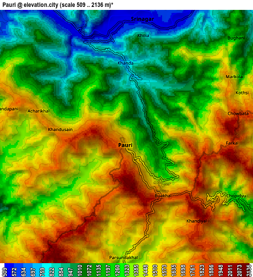Zoom OUT 2x Pauri, India elevation map