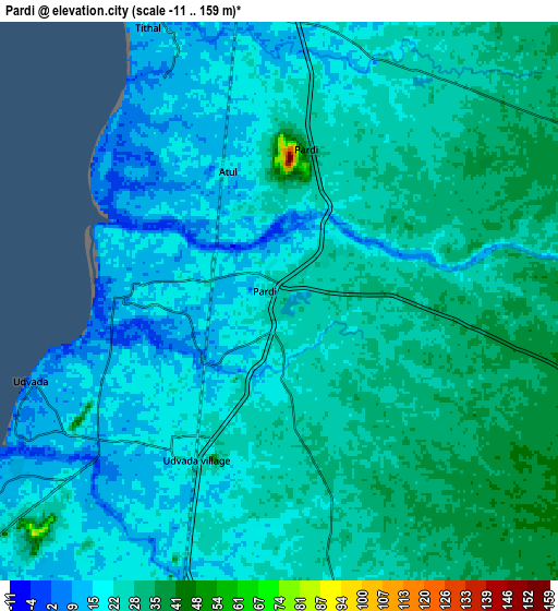 Zoom OUT 2x Pārdi, India elevation map