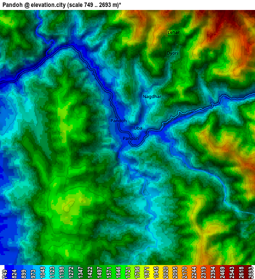 Zoom OUT 2x Pāndoh, India elevation map