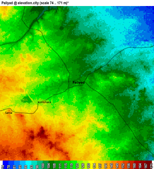 Zoom OUT 2x Pāliyād, India elevation map