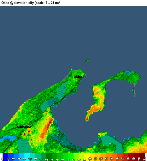 Zoom OUT 2x Okha, India elevation map