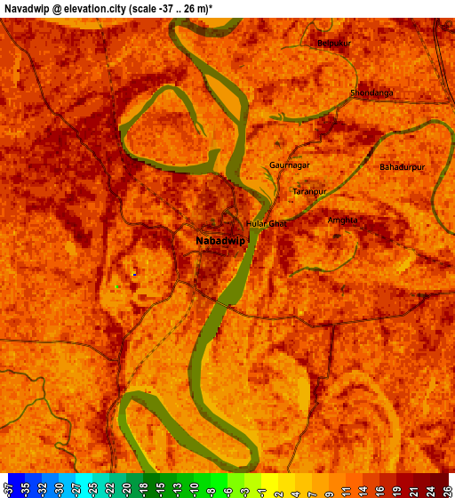 Zoom OUT 2x Navadwīp, India elevation map
