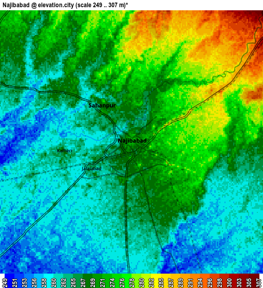 Zoom OUT 2x Najībābād, India elevation map