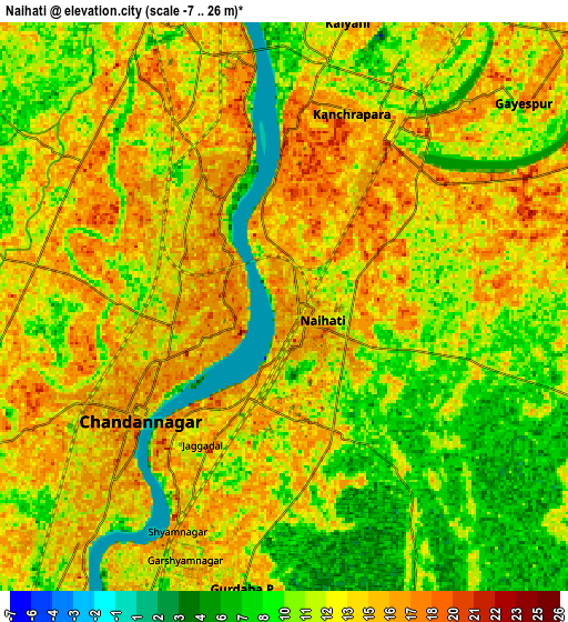 Zoom OUT 2x Naihāti, India elevation map