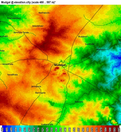 Zoom OUT 2x Mudgal, India elevation map