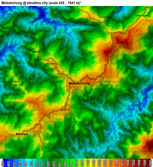 Zoom OUT 2x Mokokchūng, India elevation map