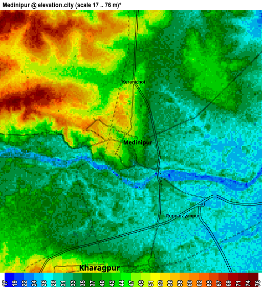 Zoom OUT 2x Medinīpur, India elevation map