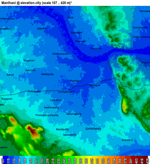 Zoom OUT 2x Manthani, India elevation map