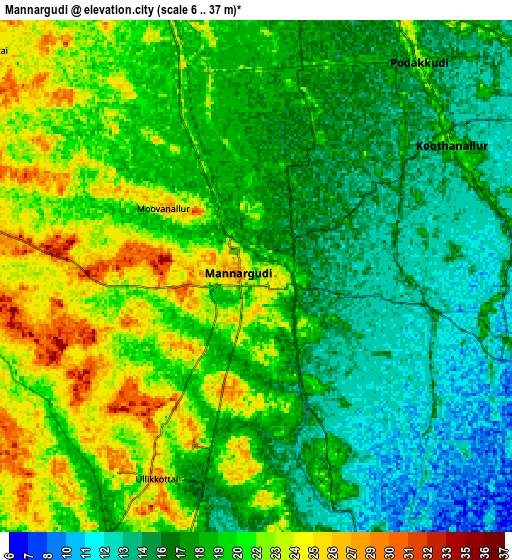 Zoom OUT 2x Mannargudi, India elevation map