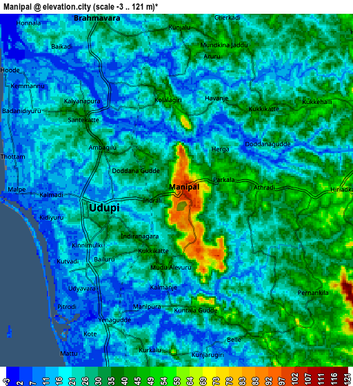 Zoom OUT 2x Manipal, India elevation map