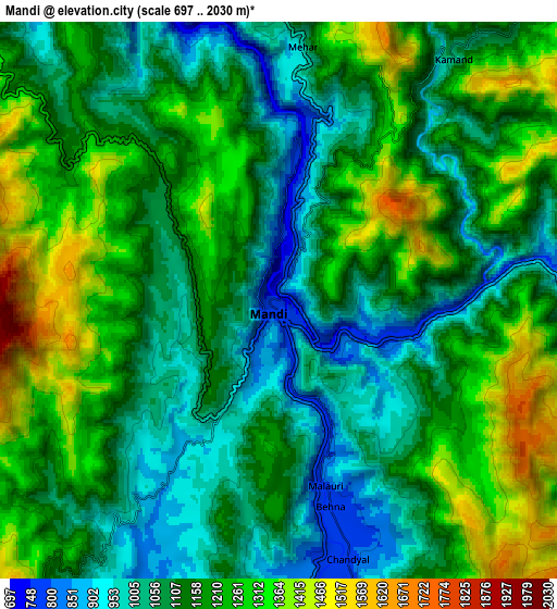 Zoom OUT 2x Mandi, India elevation map