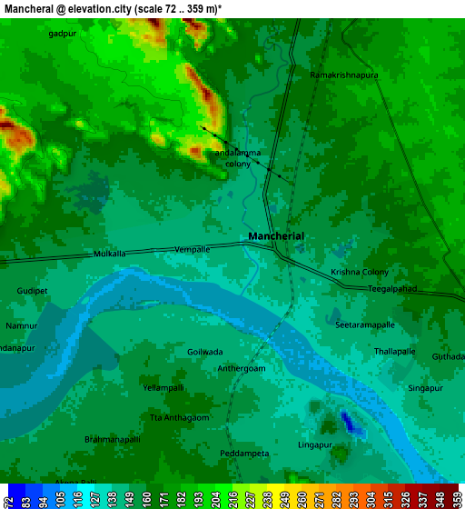 Zoom OUT 2x Mancherāl, India elevation map