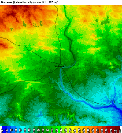 Zoom OUT 2x Manāwar, India elevation map