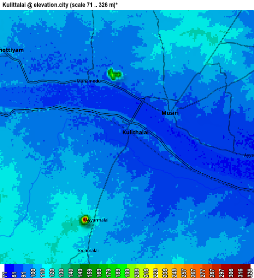 Zoom OUT 2x Kulittalai, India elevation map