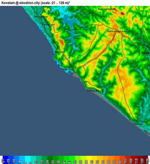 Zoom OUT 2x Kovalam, India elevation map