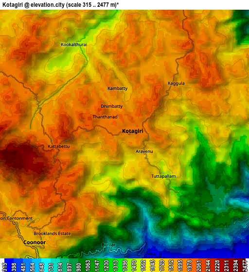 Zoom OUT 2x Kotagiri, India elevation map