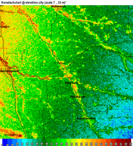 Zoom OUT 2x Koradāchcheri, India elevation map