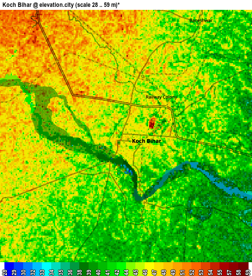 Zoom OUT 2x Koch Bihār, India elevation map