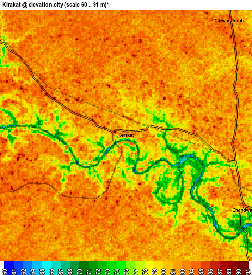 Zoom OUT 2x Kirākat, India elevation map