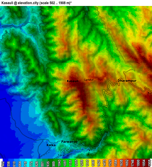 Zoom OUT 2x Kasauli, India elevation map