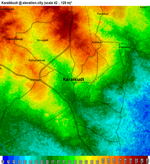 Zoom OUT 2x Kāraikkudi, India elevation map