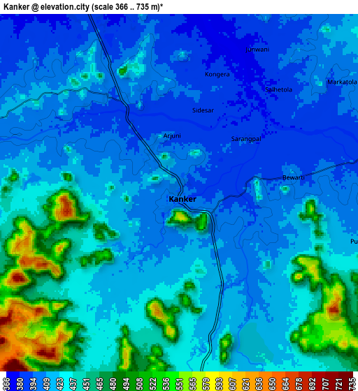 Zoom OUT 2x Kānker, India elevation map