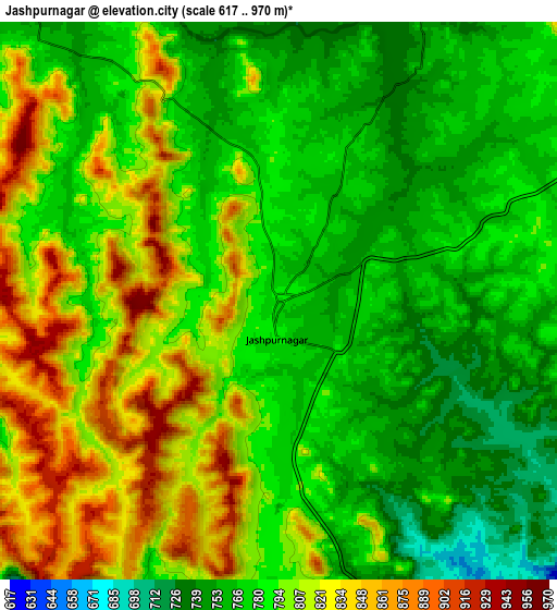 Zoom OUT 2x Jashpurnagar, India elevation map