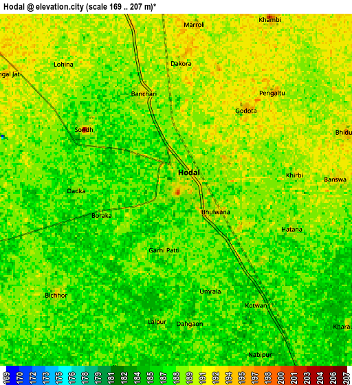 Zoom OUT 2x Hodal, India elevation map