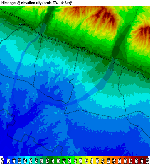 Zoom OUT 2x Hirānagar, India elevation map