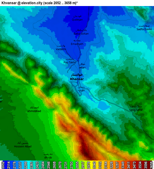 Zoom OUT 2x Khvānsār, Iran elevation map