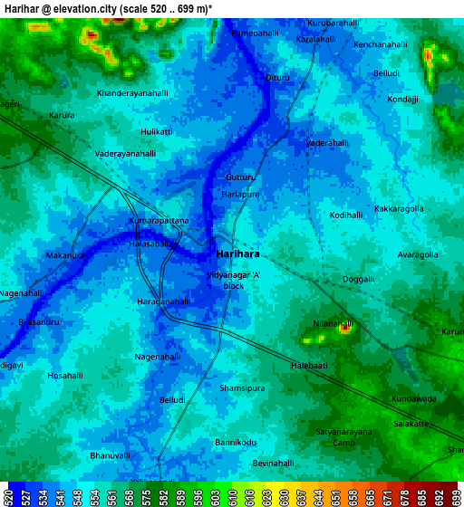 Zoom OUT 2x Harihar, India elevation map