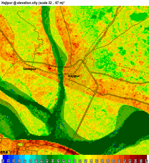 Zoom OUT 2x Hājīpur, India elevation map