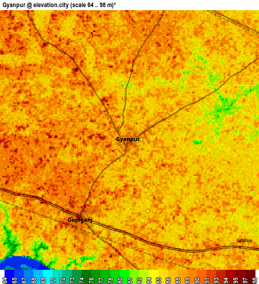 Zoom OUT 2x Gyānpur, India elevation map