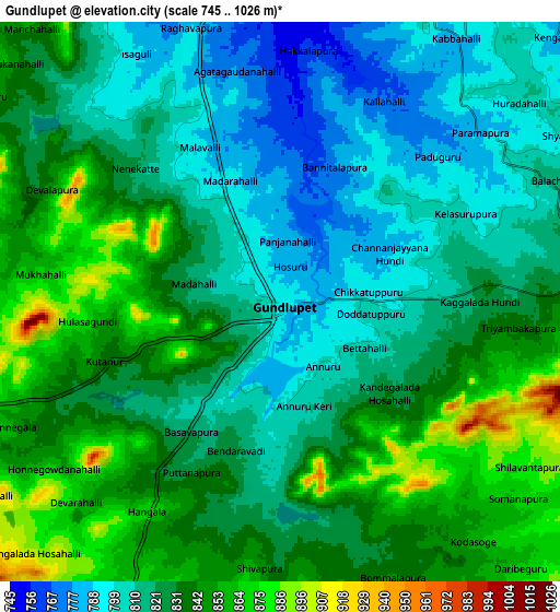 Zoom OUT 2x Gundlupēt, India elevation map