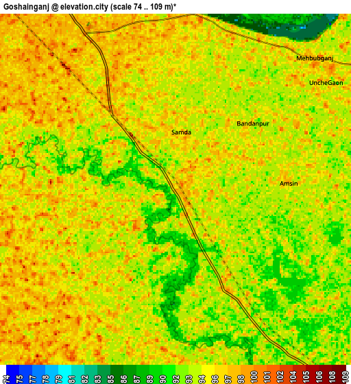 Zoom OUT 2x Goshāinganj, India elevation map