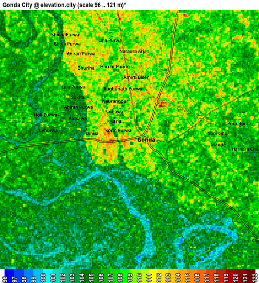 Zoom OUT 2x Gondā City, India elevation map