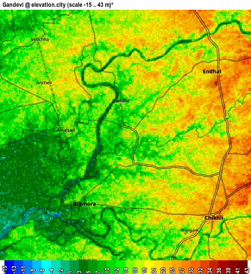 Zoom OUT 2x Gandevi, India elevation map