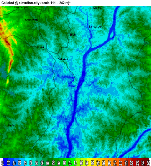Zoom OUT 2x Galiākot, India elevation map