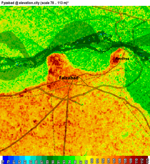 Zoom OUT 2x Fyzābād, India elevation map