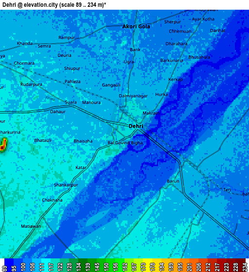 Zoom OUT 2x Dehri, India elevation map