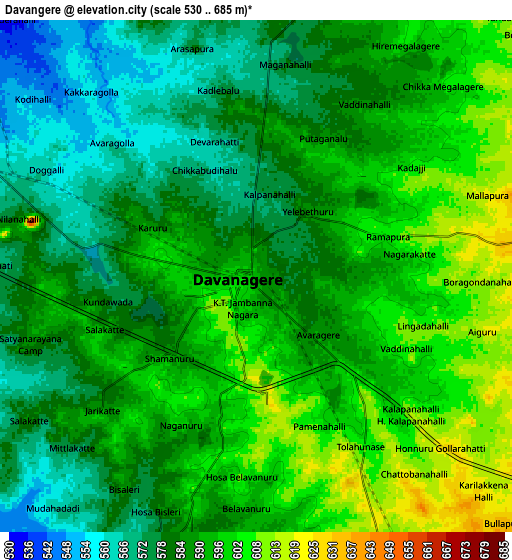 Zoom OUT 2x Davangere, India elevation map