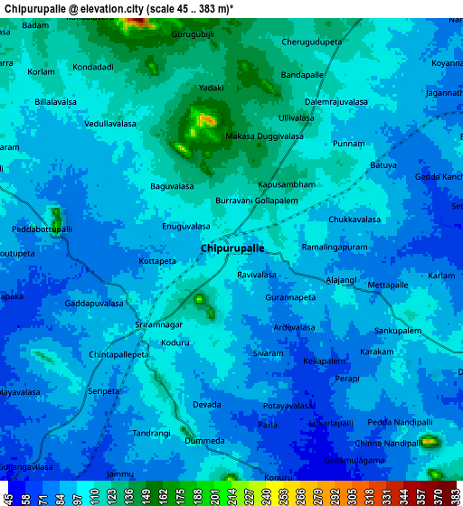 Zoom OUT 2x Chīpurupalle, India elevation map