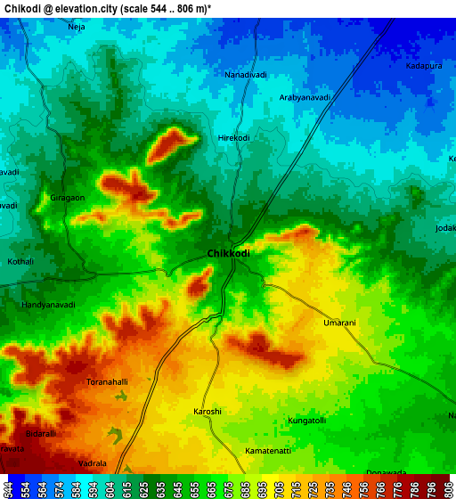 Zoom OUT 2x Chikodi, India elevation map